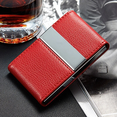 Moodne PU-nahast visiitkaardihoidja Kahekordselt avatud roostevabast terasest õhukese taskuga krediitkaardi ID ümbris Pangakaardid nimekaardihoidja