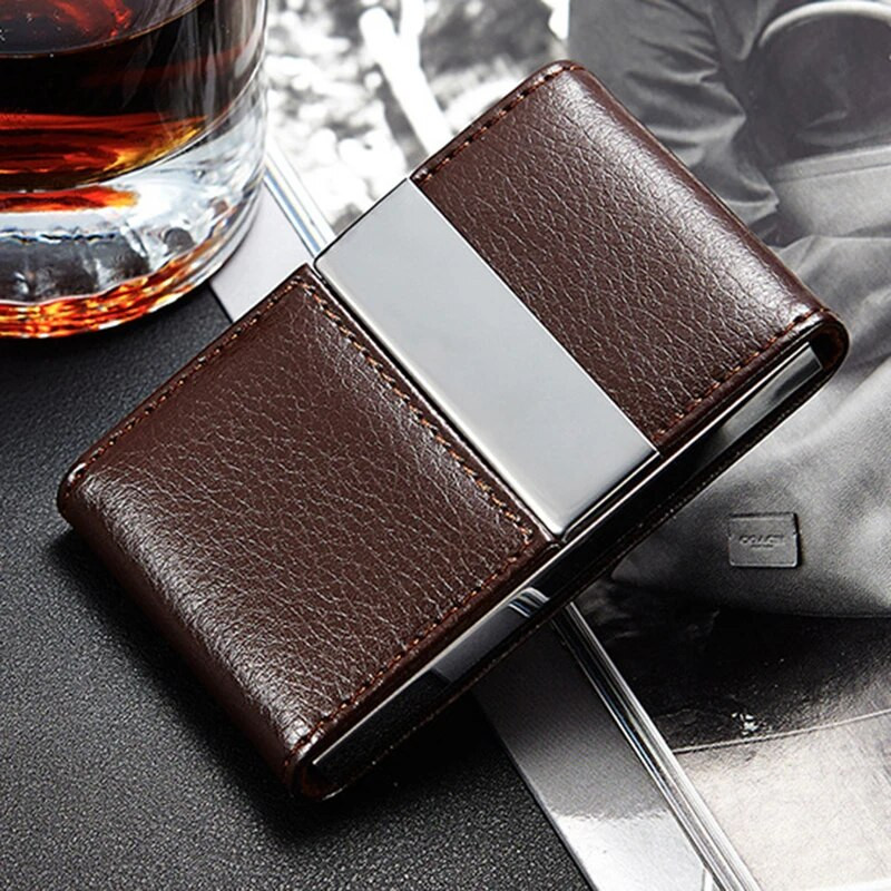Moodne PU-nahast visiitkaardihoidja Kahekordselt avatud roostevabast terasest õhukese taskuga krediitkaardi ID ümbris Pangakaardid nimekaardihoidja