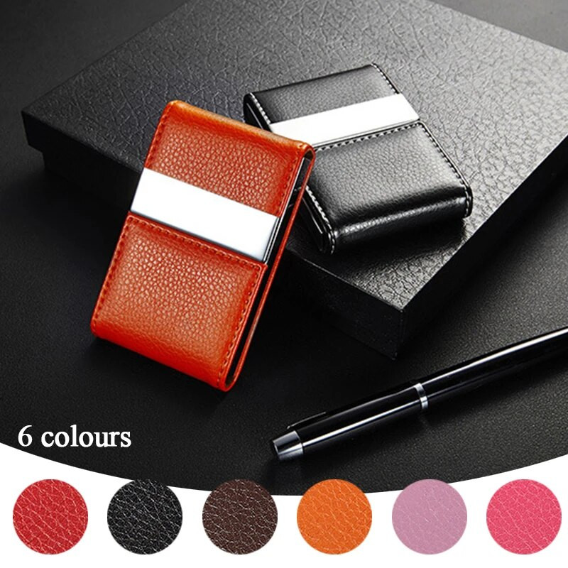 Moodne PU-nahast visiitkaardihoidja Kahekordselt avatud roostevabast terasest õhukese taskuga krediitkaardi ID ümbris Pangakaardid nimekaardihoidja