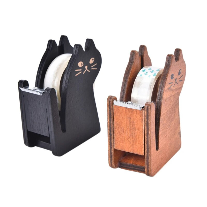 Augstas kvalitātes Cute kaķu koka lentes Dozators Lentes turētājs Lentes griezējs Biroja un skolas piederumi