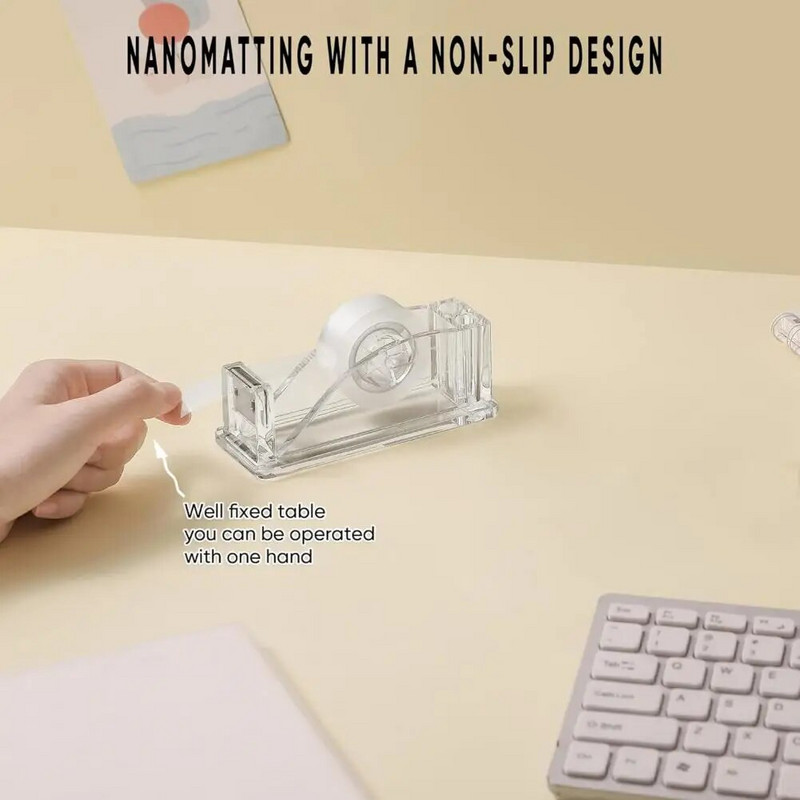 Office Tape Dispenser Ευέλικτη θήκη ταινίας Συμπαγής διαφανής ακρυλικός διανομέας ταινίας με θήκη για στυλό Ιδανική για το σχολείο γραφείου