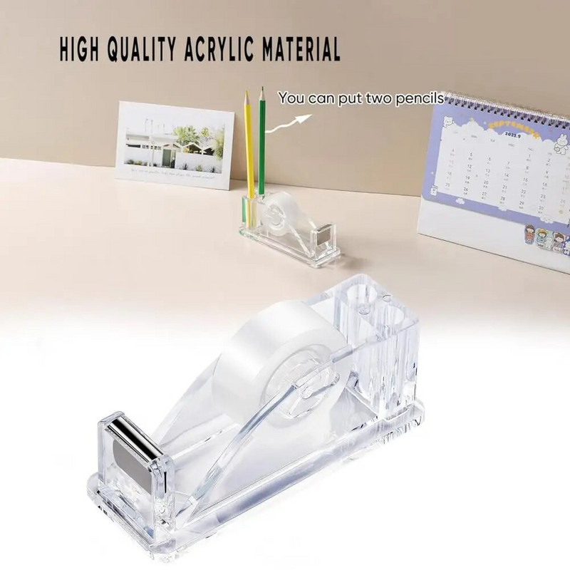 Office Tape Dispenser Ευέλικτη θήκη ταινίας Συμπαγής διαφανής ακρυλικός διανομέας ταινίας με θήκη για στυλό Ιδανική για το σχολείο γραφείου