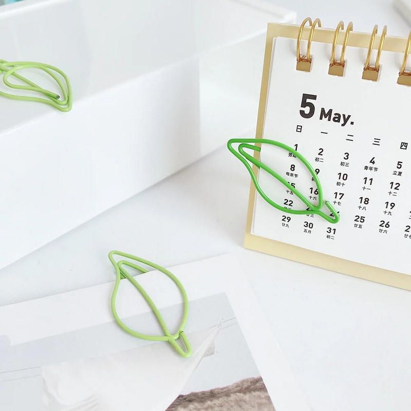 20 gab/partija zaļas papīra saspraudes Skaistas lapas formas nerūsējošā tērauda saspraudes Grāmatzīme biroja skolas piederumiem