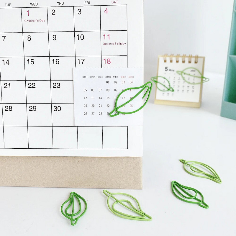 20 gab/partija zaļas papīra saspraudes Skaistas lapas formas nerūsējošā tērauda saspraudes Grāmatzīme biroja skolas piederumiem