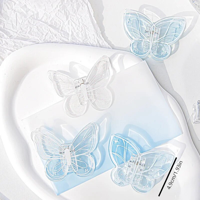 Akrila tauriņš papīra saspraudes Caurspīdīga piezīmju piezīme Biļešu turētājs Skava organizators Zīmuļu dekorēšana Biroja skolas piederumi