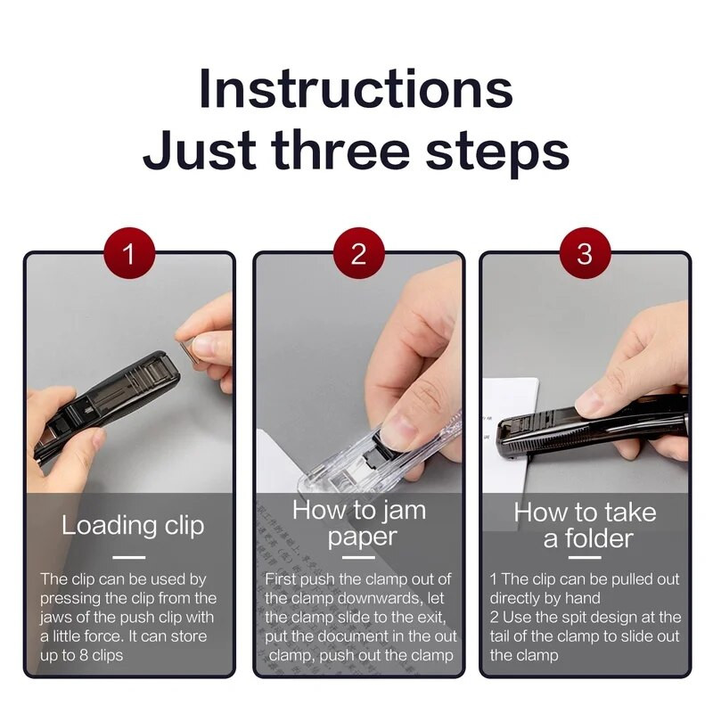 Skavu metāla saspraudes stumjamās rokas papīra griezējs ar uzpildes fiksācijas kārtošanas skavotājs Atkārtoti lietojams spiedošais skava dokumentu failu kancelejas piederumiem