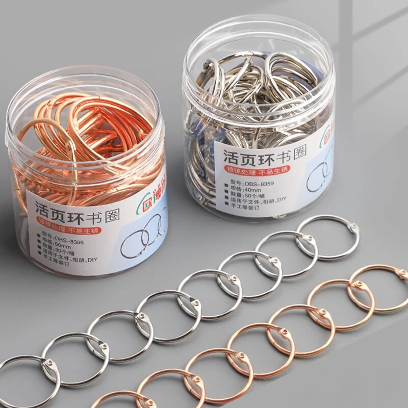 20/30/40/50 mm auksinio metalo laisvų lapų knygų segtuvai, šarnyriniai žiedai, raktų pakabukas