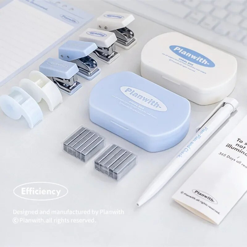 3 gab Iesiešanas rīks Mini skavotājs Skavu caurumošanas caurumu lentes mašīnas komplekts, Korejas daudzfunkciju albuma instrumentu kaste studentu piederumi