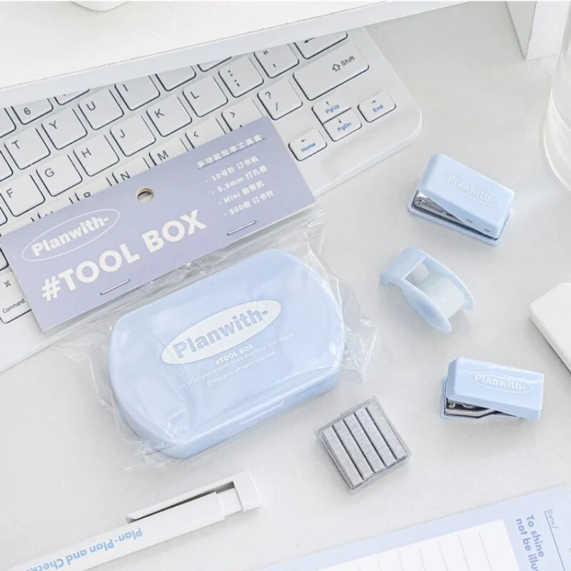 3 gab Iesiešanas rīks Mini skavotājs Skavu caurumošanas caurumu lentes mašīnas komplekts, Korejas daudzfunkciju albuma instrumentu kaste studentu piederumi