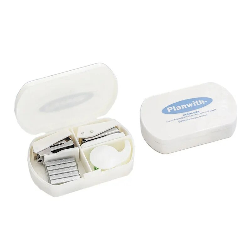 3 gab Iesiešanas rīks Mini skavotājs Skavu caurumošanas caurumu lentes mašīnas komplekts, Korejas daudzfunkciju albuma instrumentu kaste studentu piederumi