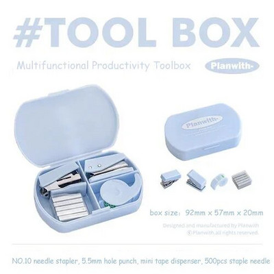 JIANWU 4 gab./komplektā Vienkārša daudzfunkcionāla produktivitāte Trīs vienā rokasgrāmata Rīku kaste Skavotājs Caurumu perforators Lentes dozators Kancelejas preces