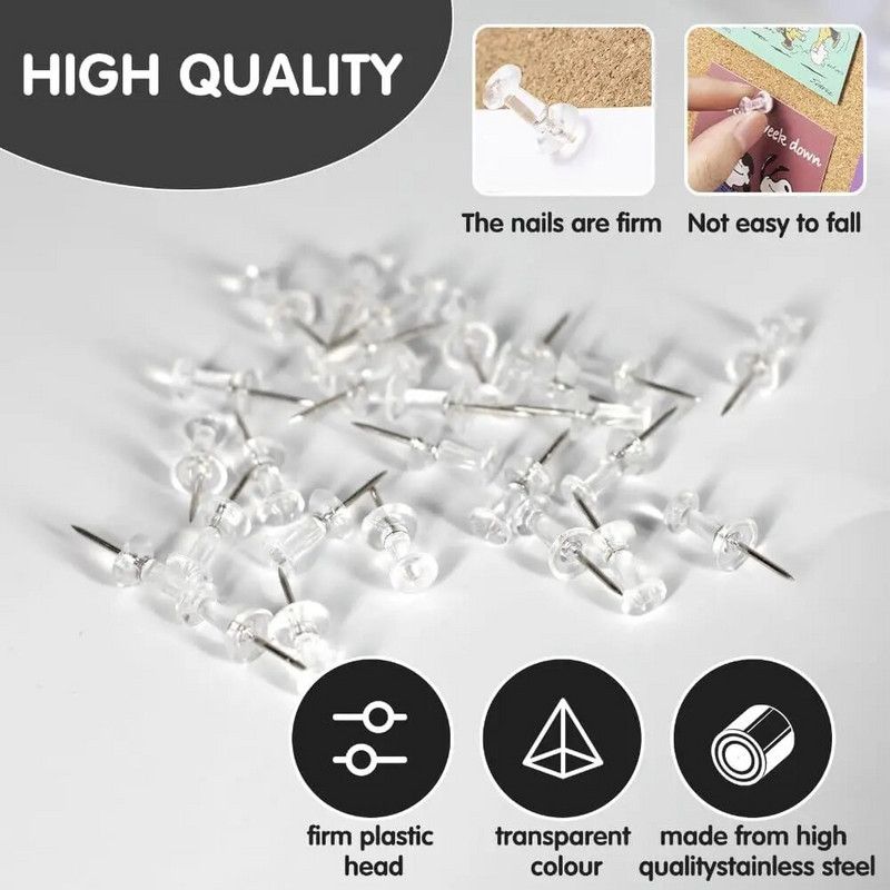 100 τμχ Καρφίτσες ώθησης Thumb Tacks Clear Gold Stick Pins for Wall Hangings Χάρτης σανίδας φελλού Ημερολόγιο Φωτογραφία Home Office DIY Craft Project