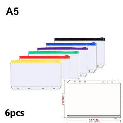 Νέο A5 A6 A7 Έγχρωμες τσέπες βιβλιοδέτη 6 τμχ Φάκελοι με φερμουάρ βιβλιοδέτη για βιβλιοδεσία σημειωματάριων με 6 δακτυλίους Αδιάβροχη τσάντα αρχειοθέτησης φύλλου PVC