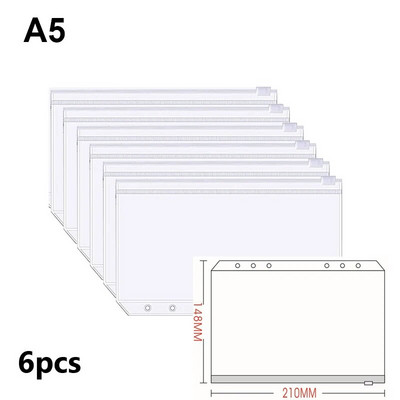 Νέο A5 A6 A7 Έγχρωμες τσέπες βιβλιοδέτη 6 τμχ Φάκελοι με φερμουάρ βιβλιοδέτη για βιβλιοδεσία σημειωματάριων με 6 δακτυλίους Αδιάβροχη τσάντα αρχειοθέτησης φύλλου PVC