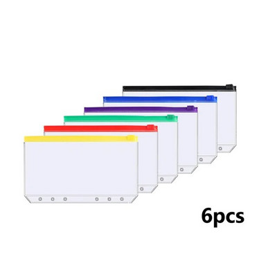 6GAB A6 iesiešanas kabatas iesiešanas rāvējslēdzēja mapes 6 gredzenu piezīmjdatora stiprinājumam, ūdensnecaurlaidīgs PVC lapu maisiņš, dokumentu kārtošanas maisiņi