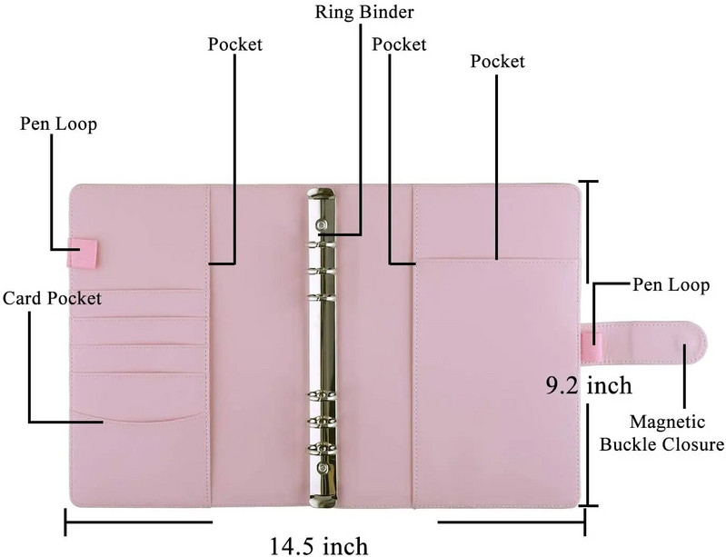 Δερμάτινο χαρτομάντιλο μεγέθους PU Budget Wallet 6 δαχτυλιδιών Ξαναγεμιζόμενο κάλυμμα σημειωματάριου, Personal Planner Binder με μαγνητικό κλείσιμο με πόρπη