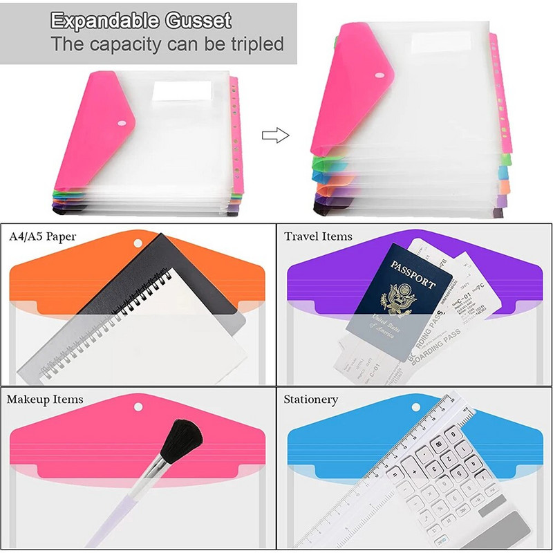 Α4 Επεκτάσιμο βιβλιοδέτη 11 οπών Φάκελος πλαστικός φάκελος βιβλιοδετικό θήκη εγγράφων τσέπης με ετικέτα κουμπιού κουμπώματος με χαλαρό φύλλο διαφανές