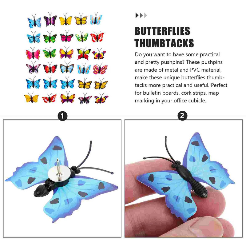 30 gab. Sludinājumu dēlis Metāla dekors Biroja īkšķu spraudītes Krāsaini tauriņi Kartes piespraudes Pvc foto sienu dekoratīvie īkšķi