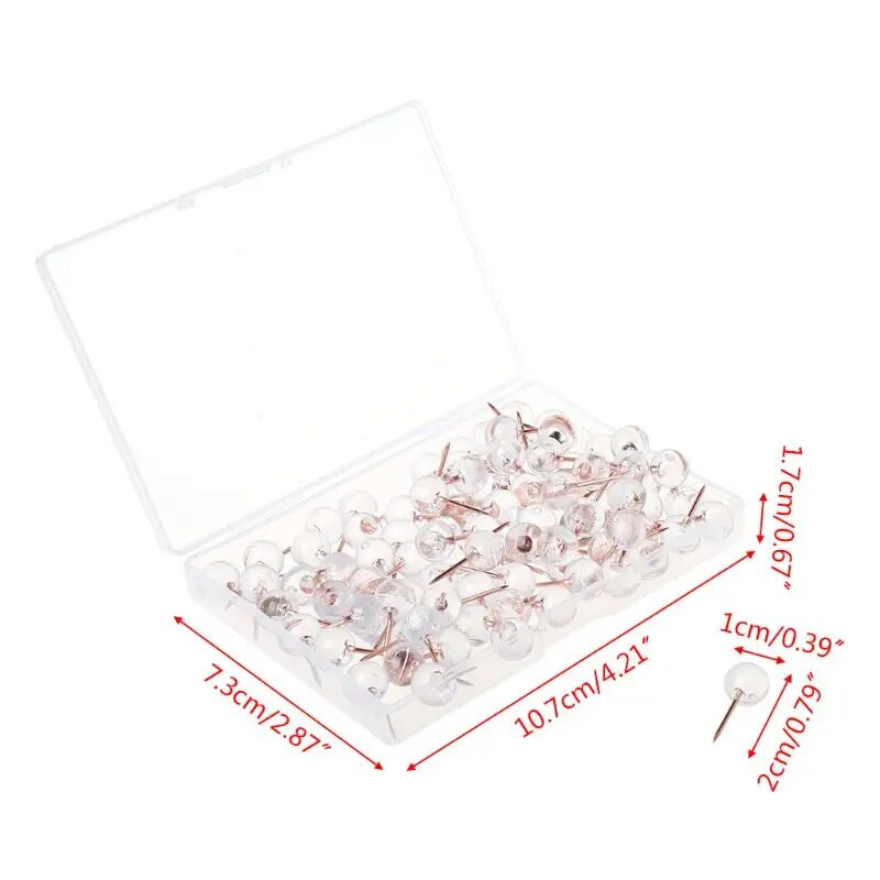 100 tk. Läbipaistvad roosakuldsed nööpnõelad pöidlaga pöidlaga tahvel, ümmargune pallijoonis, foto seinanaastud Kontori koolitarbed