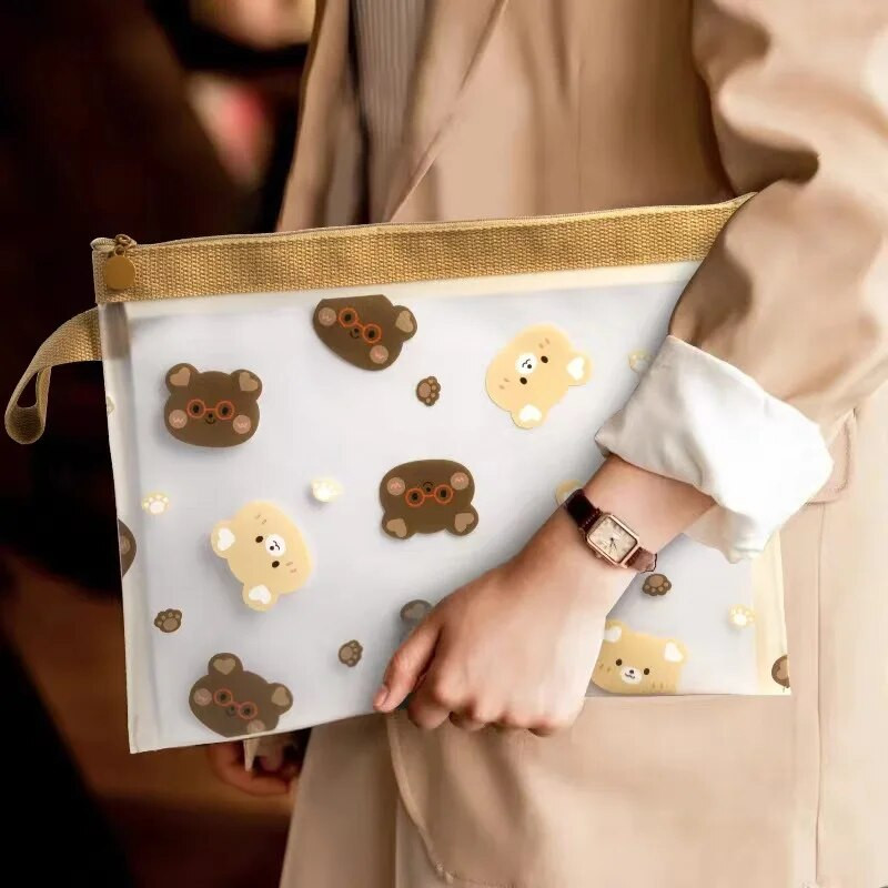 1 gabals jauka karikatūras failu uzglabāšanas soma Kawaii Bear zīmuļu futrālis A4 A5 caurredzams, liela ietilpība ūdensnecaurlaidīgas rāvējslēdzēja kabatas mapes