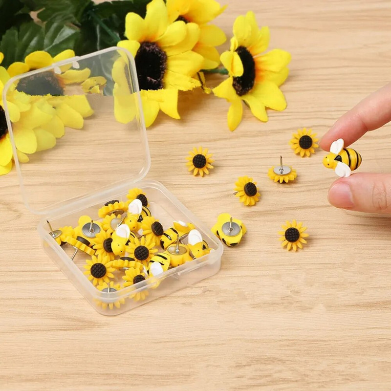 30vnt Bičių saulėgrąžų dekoratyviniai piešimo smeigtukai Žemėlapio segtukai Smeigtukai Skelbimų lentos žymekliai Mieli smeigtukai kamštinėms lentoms