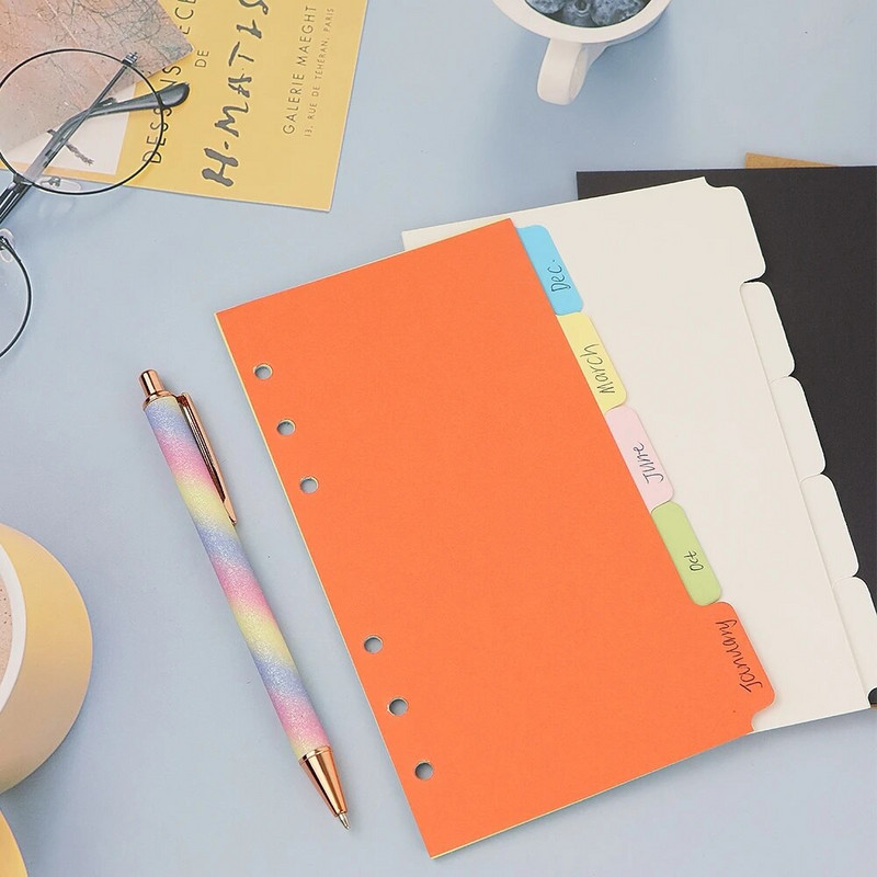 A6 iesiešanas rādītāja sadalītāji 5 cilpas 6 caurumots iesiešanas sadalītājs plānotājs pildījuma papīra ieliktņi vaļēju lapu saistvielas loksnes rādītāja lapa