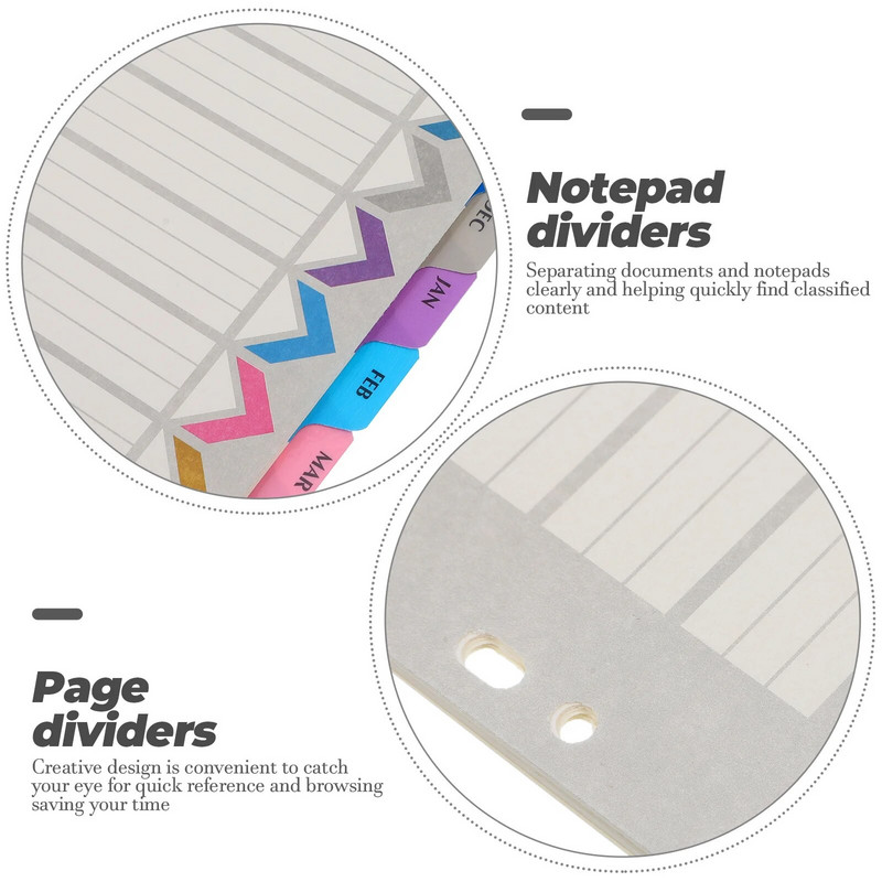 12 lehte vaheseinaid Binder A5 Notepad sülearvuti täitepaberi jaoks Praktilise märkmiku registrilehed