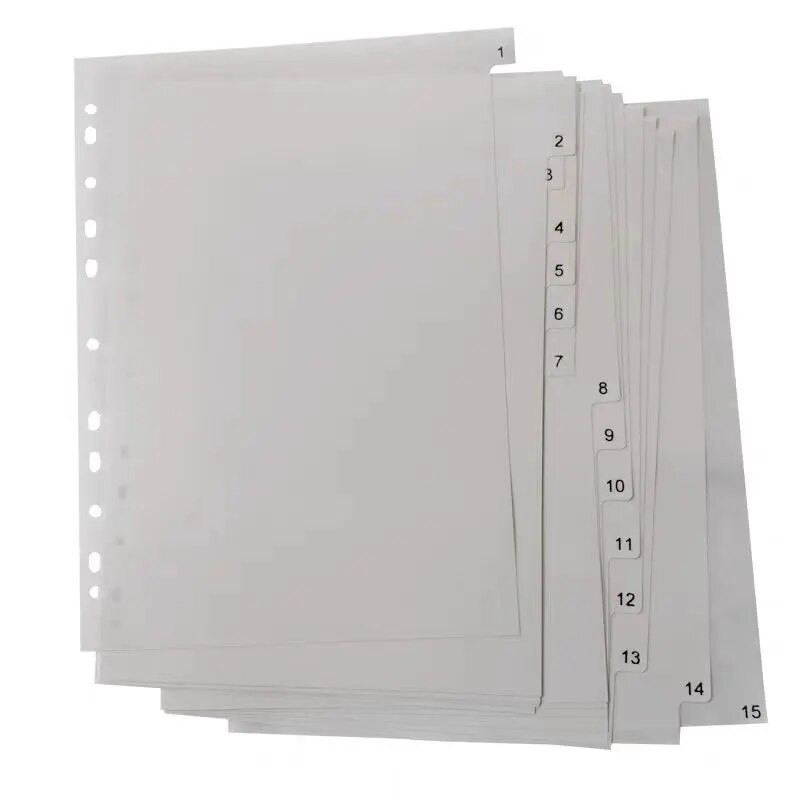15/31 loksnes A4 brīvu lapu rādītāja lapa Klasificētās etiķetes Plastmasas sadalītāji Grāmatzīme ar drukātu numuru atdalītājs Biroja piederumi