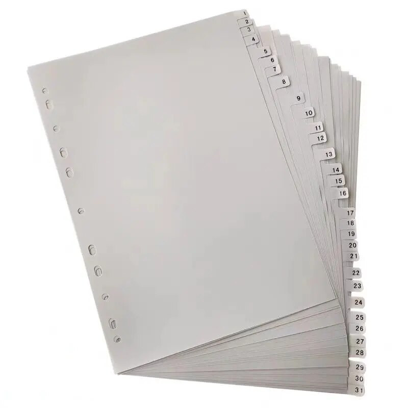 15/31 loksnes A4 brīvu lapu rādītāja lapa Klasificētās etiķetes Plastmasas sadalītāji Grāmatzīme ar drukātu numuru atdalītājs Biroja piederumi