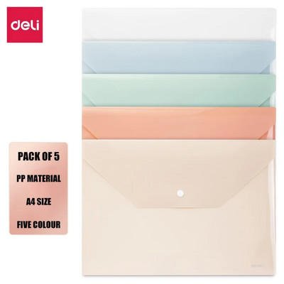 Deli 5-pack A4 File Pouch with Streng Seal Portable Study and ημερήσια αποθήκευση Snap-on Organizer PP Υλικό προμήθειες γραφείου