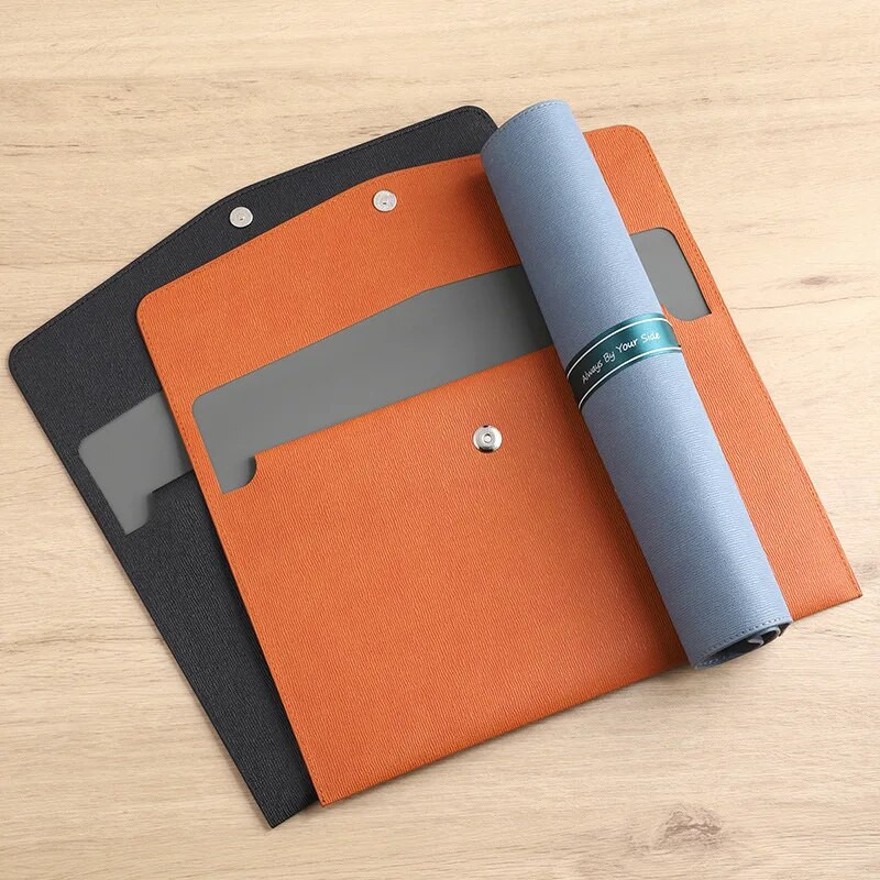 A4 formāta papīra pārnēsājama ādas failu soma Modes failu maisiņa biezināšanas poga Ūdensizturīga biznesa biroja dokumentu glabāšanas pārvaldība