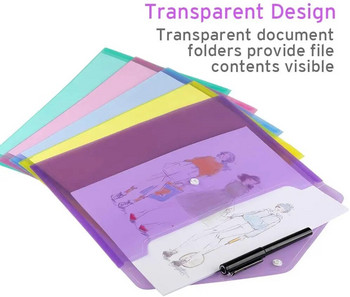 5 бр. Пластмасови пликове с размер A4 Прозрачни папки за пликове за файлове с документи с джоб за етикети и щракване за училищни домашни офис консумативи