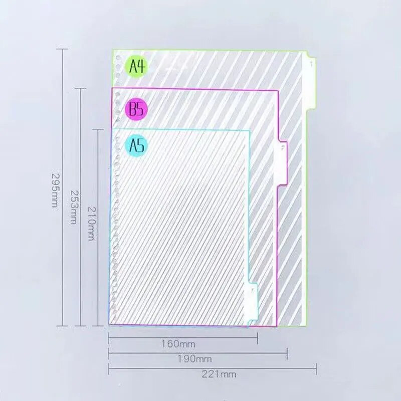 5 loksnes A5 B5 A4 caurspīdīga papīra rādītāja dalītājs, personīgais plānotājs, piezīmjdatora atdalītājs ar brīvām lapām dienasgrāmatas rakstāmpiederumu piederums