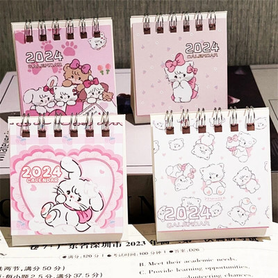 2024 Calendar cu inel cu frunze libere Mini Calendar cu pisici de desene animate Calendar pentru înregistrări pentru studenți Calendar de carte Ornamente de birou Cadouri noi