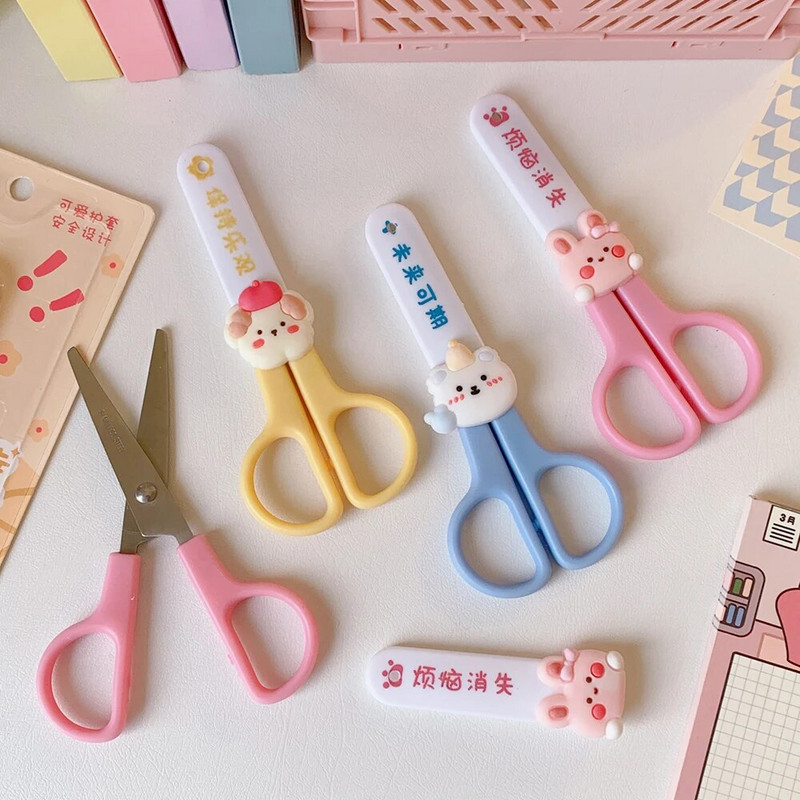 Kawaii Cartoon Scissors with Protective Cover DIY Safety Scissors Paper Cutter for Kids Κορεατικά Σχολικά Γραφικά Είδη γραφείου