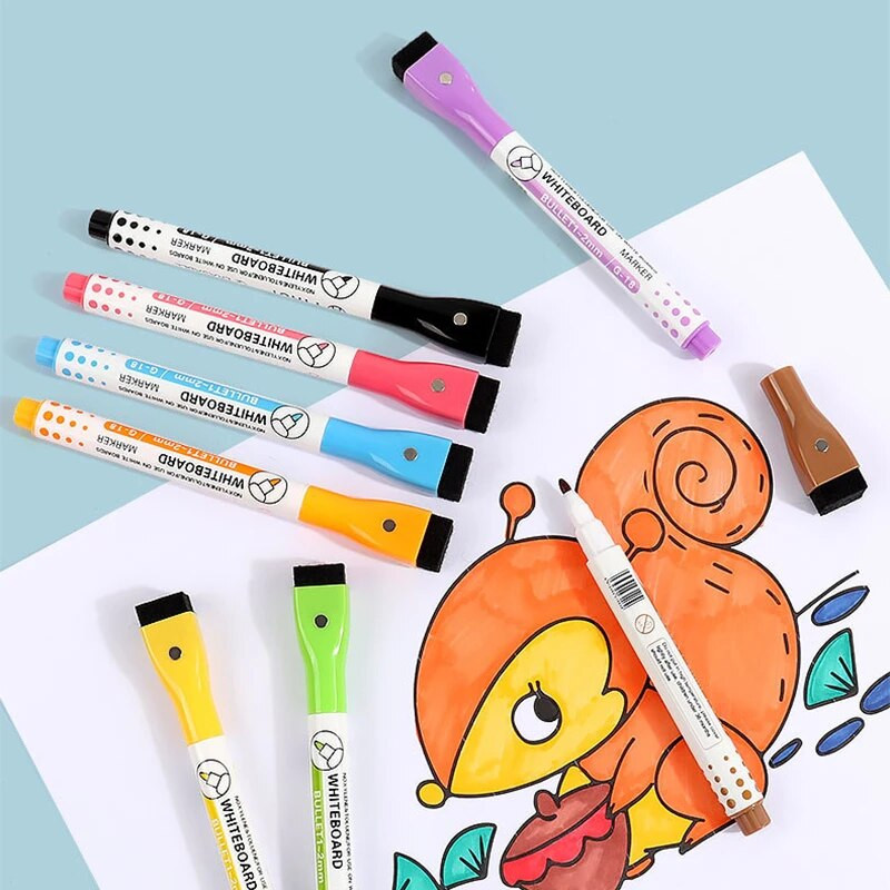 8 vnt. magnetinis sauso trynimo žymeklis, skirtas vaikų tapybai piešimo lentoje, smulkiu galu Magnetinis vandens pagrindo rašiklis su nutrinamu dangteliu