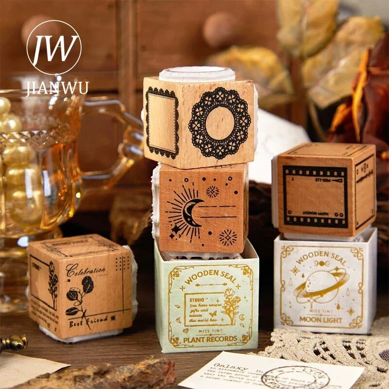 JIANWU Long Moon and Stars Series Vintage 3-σε-1 Δαντελένια διακόσμηση πεταλούδας Ξύλινη σφραγίδα Creative DIY Journal Collage Stationery
