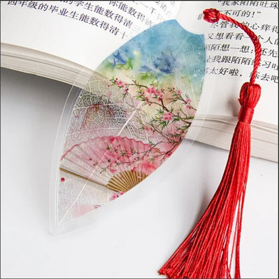 Отметка с дизайн на китайски листа с пискюли за приятели Ученици Подарък Отметки в класически стил за книги Ученически пособия