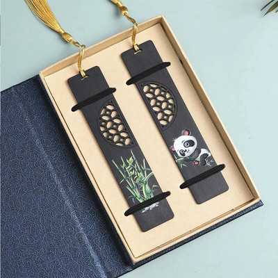 Chinese Style Wooden Bookmark Kawaii Colored Drawing Panda Retro Carving Pagination Mark Tassel Pendant Book Reading Stationery