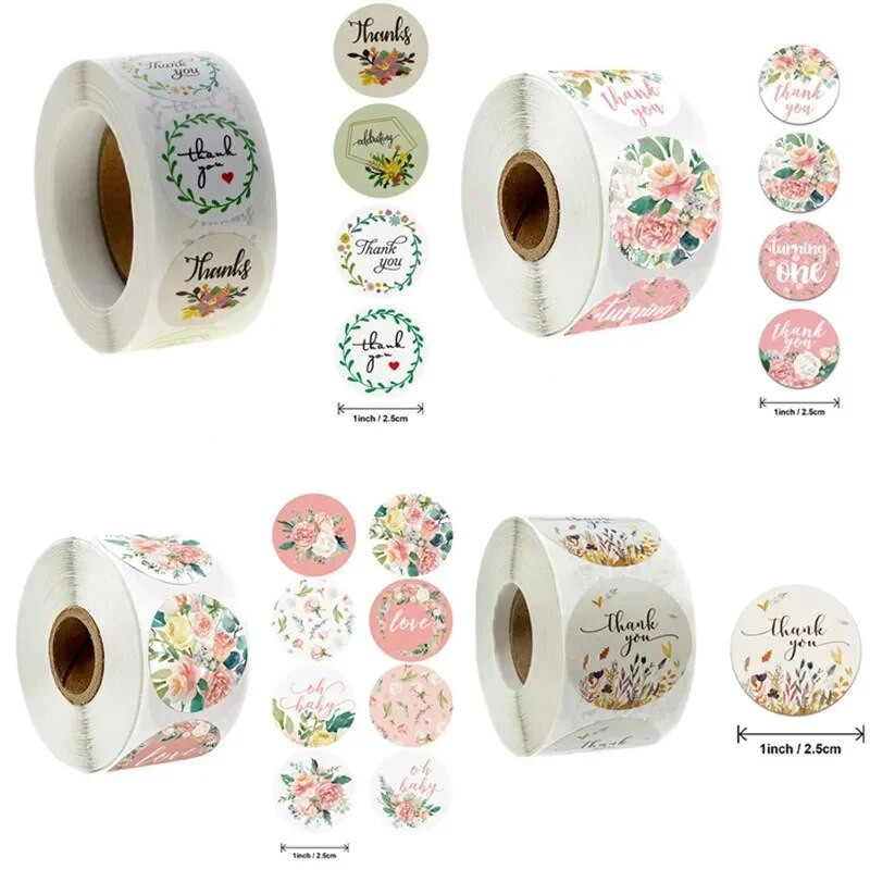 Ačiū Gėlės Lipdukai Popierinės Etiketės Apvalus Atlygis Scrapbooking Lipdukai Vestuvių dekoras Vokų Antspaudai Lipdukai Kanceliarinės prekės