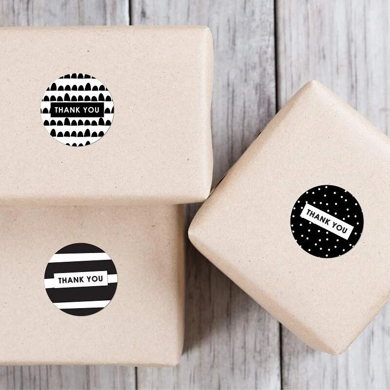 100 – 500 ks čiernobielych nálepiek s poďakovaním pre malé firmy, pečať, etikety, ručne vyrobené etikety, 8 vzorov, nálepky na papierenské potreby