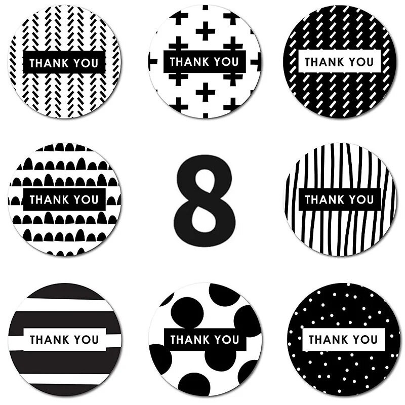 100 – 500 ks čiernobielych nálepiek s poďakovaním pre malé firmy, pečať, etikety, ručne vyrobené etikety, 8 vzorov, nálepky na papierenské potreby