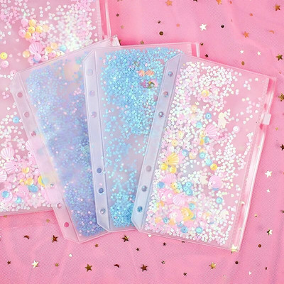 A5 A6 Glitter Paiete Liant Buzunar interior Drăguț 6 găuri cu frunze libere cu fermoar Geanta Kawaii Notebook Planificator de jurnal Husă interioară de depozitare