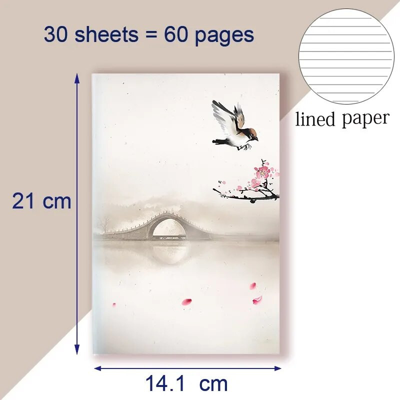 A5 užrašų knygelė kinų stiliaus chinoiserie užrašų knygelė Pieninė vintažinė retro Kinijos peizažas medis paukščių dažymas rašalu Viršelis Darbotvarkės dekoras