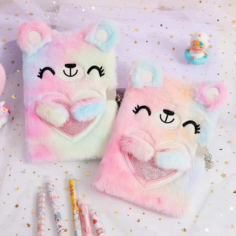 Καρτούν αρκουδάκι με κλειδαριά Λούτρινο σημειωματάριο Βαμμένο με γραβάτα πολύχρωμο Α5 Βιβλίο ημερολογίου για κορίτσια Βιβλίο δώρο λογαριασμών σχολικών ειδών