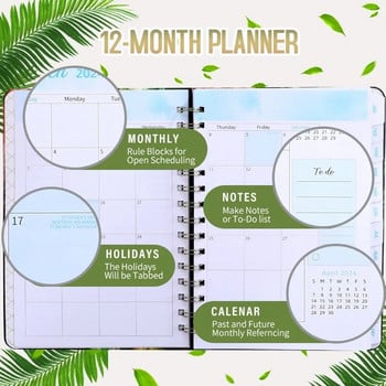 2024 Planners Weekly and Monthly Planner Σπειροειδές δεμένο με 12 μηνιαίες καρτέλες Σκληρό εξώφυλλο με ελαστικά επιθέματα γραφής Αναλώσιμα γραφείου