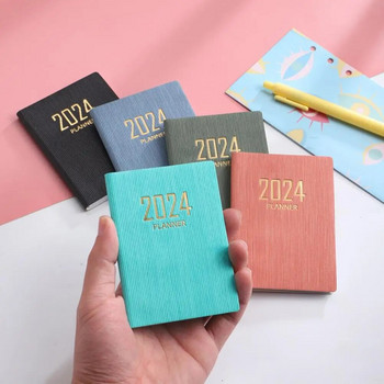 A7 2024 English Planner Faux Leather Hardcover 180 Pages Mini Journal Dairy Pocket Notebook School Planner Student Supplies