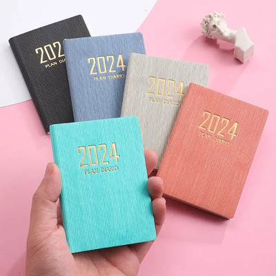 A7 2024 English Planner Faux Leather Hardcover 180 Pages Mini Journal Dairy Pocket Notebook School Planner Student Supplies