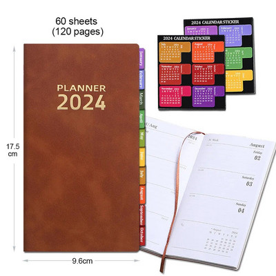 Σημειωματάριο 2024 Planner A6 Σημειωματάριο Ατζέντας 365 ημερών Αγγλική εσωτερική σελίδα με αυτοκόλλητο ευρετηρίου ημερολογίου Ημερήσιο πρόγραμμα Σχολική προμήθεια