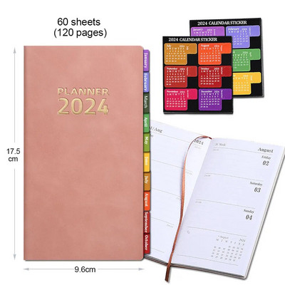 Σημειωματάριο 2024 Planner A6 Σημειωματάριο Ατζέντας 365 ημερών Αγγλική εσωτερική σελίδα με αυτοκόλλητο ευρετηρίου ημερολογίου Ημερήσιο πρόγραμμα Σχολική προμήθεια